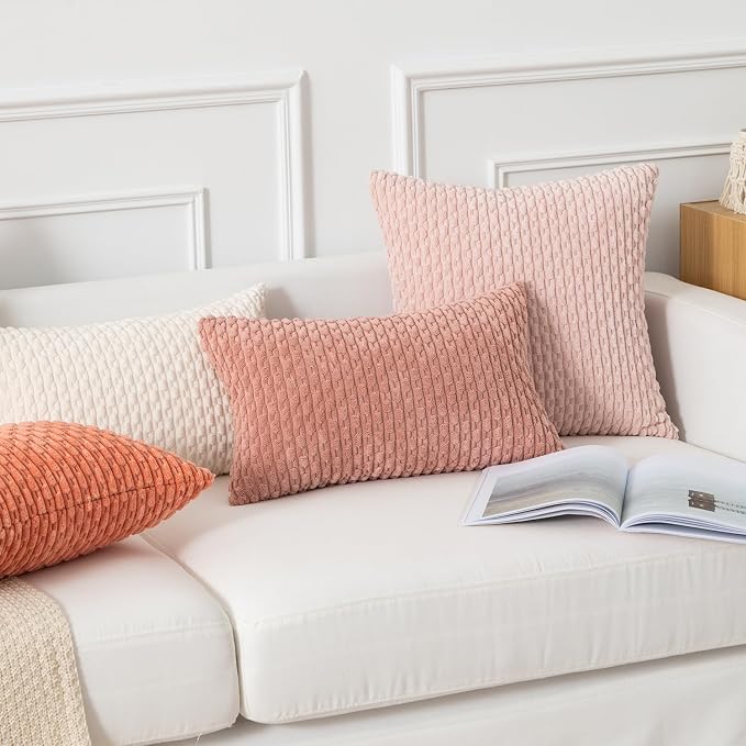 Kevin Textile Soft Corduroy 14"x22" Lumbar Pillow Cover 1 Pack, Light Pink | Boho Stripe Plush Corduroy Decorative Oblong Cushion Cover Modern Farmhouse Home Decor for Sofa Couch Bed Chair