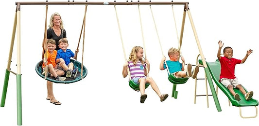 SuperDisc Swing Set with SuperDisc Swing. 5 User Capacity, Easy Assembly, Metal Frame Backyard Playground Set for Kids. with Padded Frame Legs for Safety. 148" L x 93" W x 74" H, by XDP Recreation