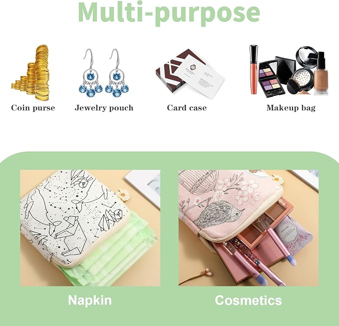 cobee 2PCS Sanitary Pad Storage Bag, Cute Sanitary Napkin Storage Purses Portable Period Bag with Daisy Zipper Panty Liner Tampon Menstrual Cup Nursing Pad Holder Pouch for Girls Women Travel(Bird)