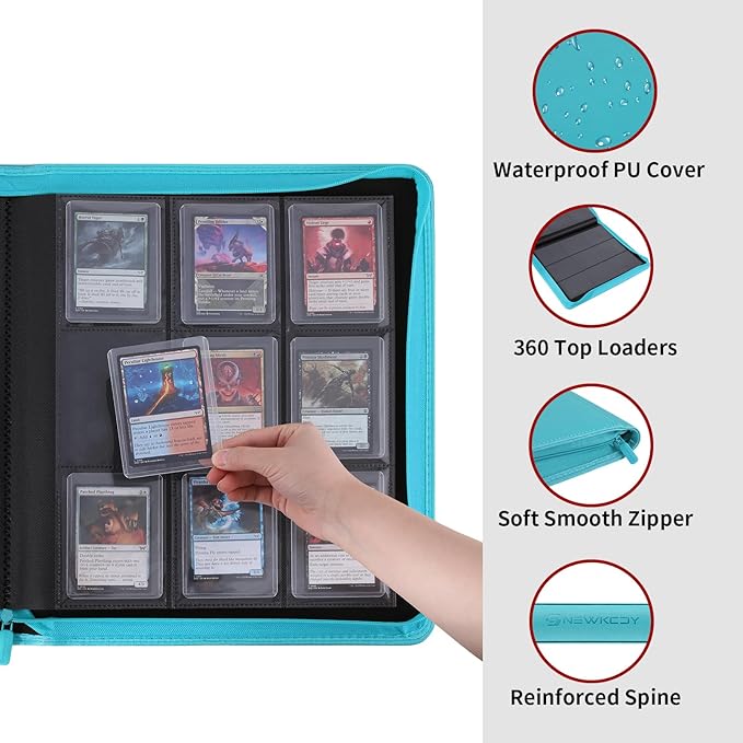 Snekdy Top loader Binder, 9 Pockets Top Loader，Holds 360 Top Loaders cards, Card binder with Sleeves for card in 3 x 4 inch color smooth Zipper PU Leather (Turquoise)