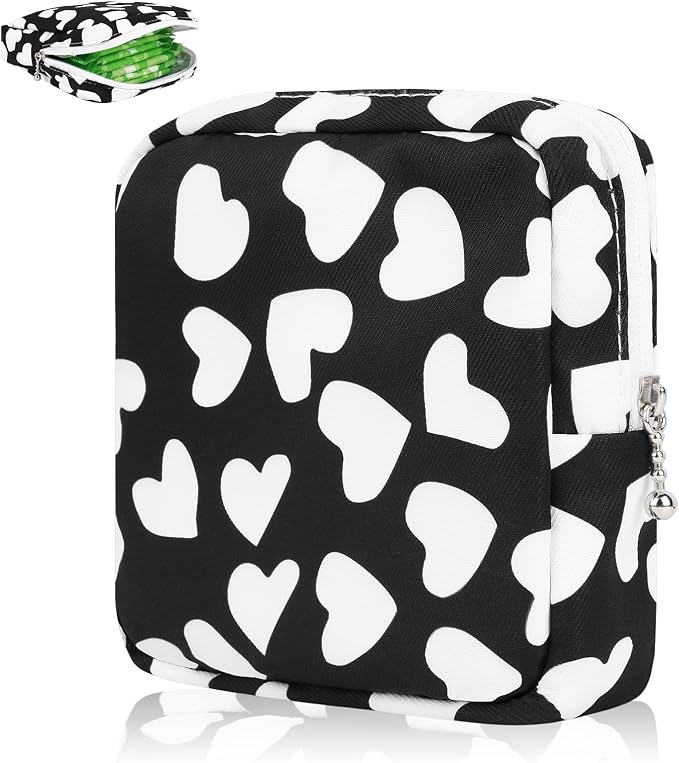 Portable Period Bag for Teen Pads, Napkins, Small Tampons - Sanitary Storage Bag, First Period Gifts for Teen Girls (Hearts)