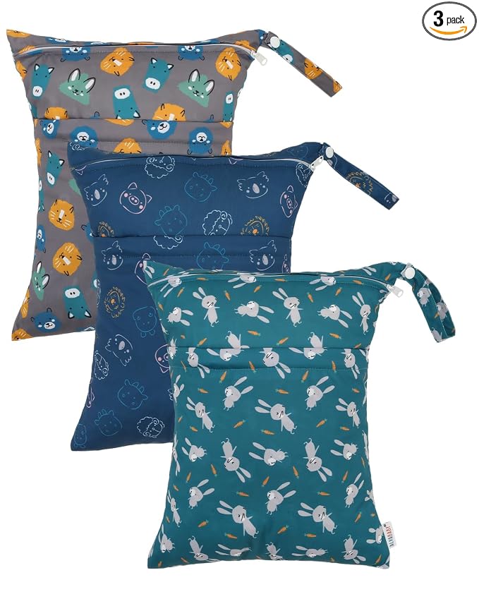 ALVA ALVABABY 3pcs Cloth Diaper Wet Dry Bags Waterproof Reusable with Two Zippered Pockets Travel Beach Pool Daycare Soiled Baby Items Yoga Gym Bag for Swimsuits or Wet Clothes 3L-ZM31