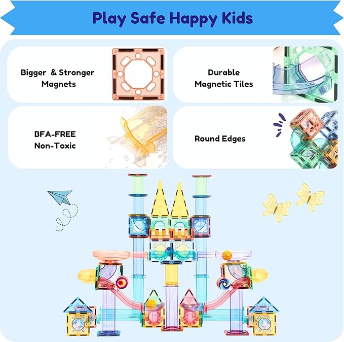 Magnetic Marble Run – 208 PCS Magnetic Tiles & Construction Blocks Set – STEM Building Toys for Boys & Girls Ages 3-9 – 3D Educational Marble Race Game – Gift for Birthdays & Classrooms