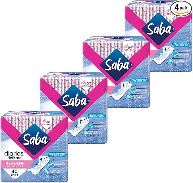 SABA Diarios Regular Delicate Pantiliners, Unscented, Breathable & Comfortable for Everyday Freshness, 4-Pack of 40 Pads (160 Count)