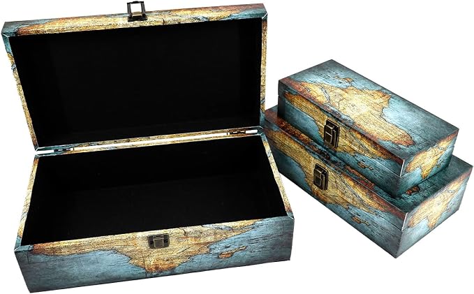 Jolitac Wood Storage Box Set of 3, Vintage Decorative Nesting Boxes Wooden Treasure Storage Crates With Latch, Home Decor Rustic Antique Boxes With Lid for Photos, Jewelry, Cash (Rectangle- Map)