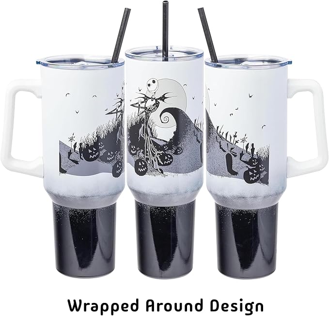 Silver Buffalo Disney Nightmare Before Christmas by Tim Burton Jack Skellington Hill and Moon Double Walled Stainless Steel Tumbler with Handle and Straw, Fits in Standard Cup Holder, 40 Ounces