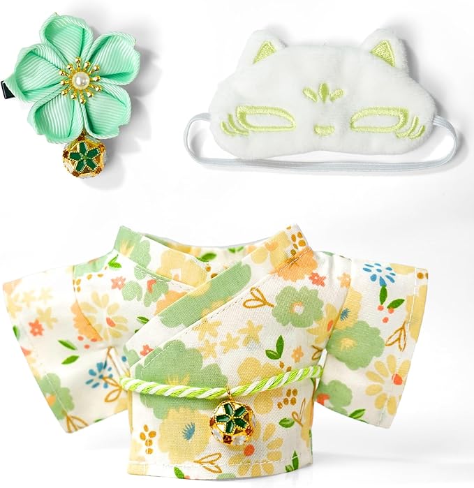 Clothes for 17cm Dolls,Outfit Accessories Kimono Set for 6.7inch Dolls Boys, Kawaii Chic Designer Style Flower Hairbow+Green Clothing Pajamas+Cute Halloween Mask(NO Doll)