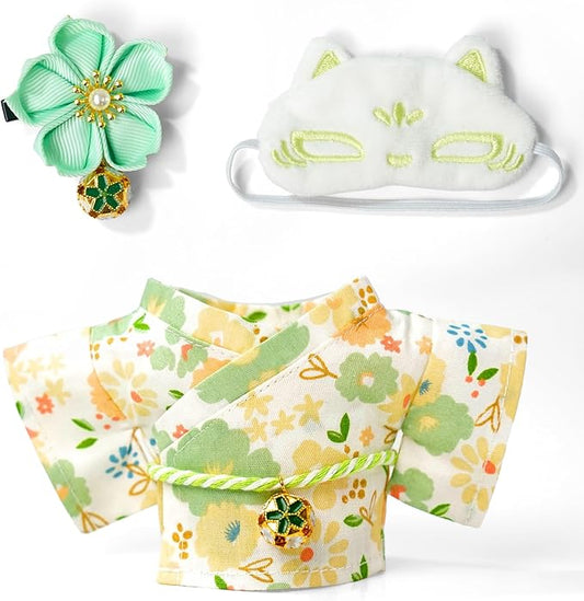 Clothes for 17cm Dolls,Outfit Accessories Kimono Set for 6.7inch Dolls Boys, Kawaii Chic Designer Style Flower Hairbow+Green Clothing Pajamas+Cute Halloween Mask(NO Doll)