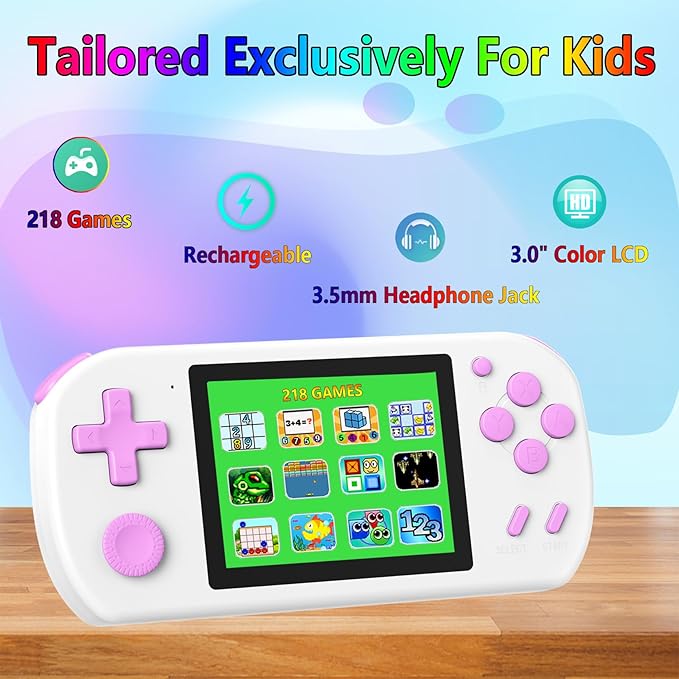 Handheld Games for Kids Built-in 218 Video Games, Portable Kids Travel Toys for Ages 4-13 with Rechargeable Battery 3.0" HD Screen, Mini Gaming Player Birthday Gifts for Boys Girls (White)