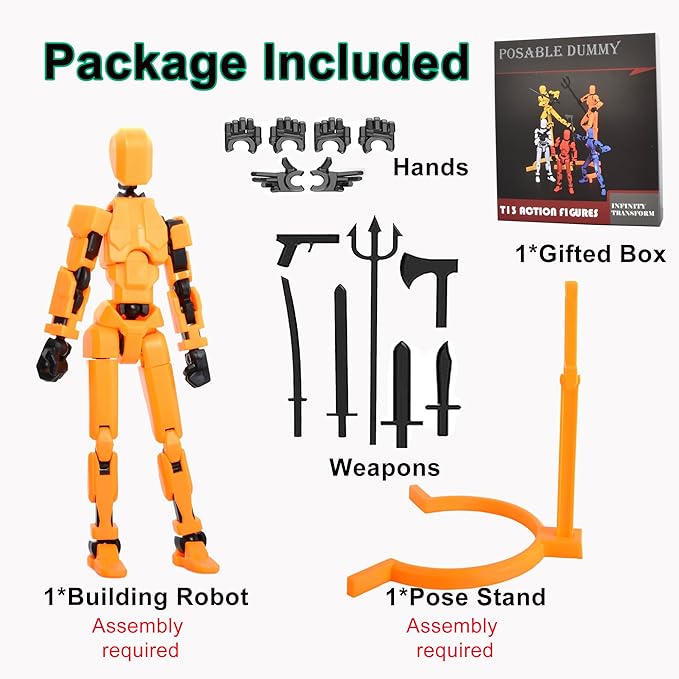 T-13 Action Figure with Pose Stand,Anime Robot Building Toy Sets,Lucky Puppet Joints for Boys,Girls,Men,Women,Multi-Jointed Moveable Dummy Desk Decoration,Desktop Ornament for Game Lover,Orange