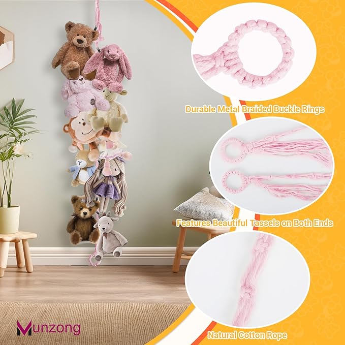 Munzong Stuffed Animal Storage Chain 80 Inch, 4pcs Pink Hanging Stuff Animals organizer, Cotton Toy Display Chain with 80 Clips, Toys Organizers Holder for Toddler Kids Nursery Room Wall Corner Decor