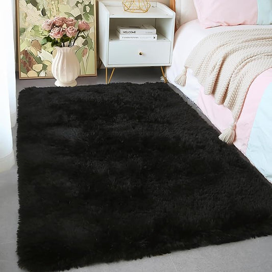3x5 Black Fluffy Shag Rug for Bedroom, Plush Washable Carpet | Area Rug for Living Room, Kids Nursery, Boys Girls Dorm Room, Non Slip Shaggy Floor Carpet