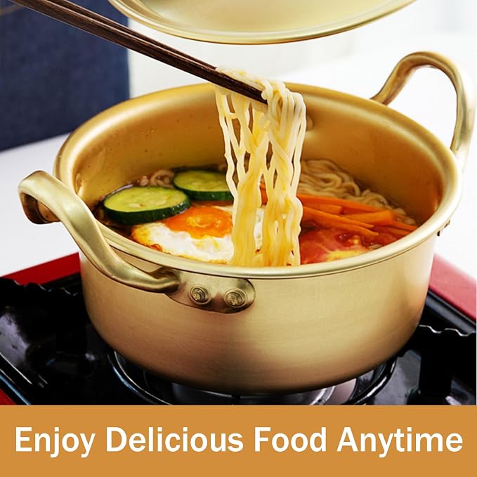 Korean Ramen Noodle Pot, Ramen Noodle Cookware Yellow Aluminum Non Stick Korean Traditional Quick Cooking Bowl for Open Fire and Electric Ceramic Stove(16cm Pot)