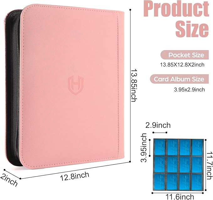 Card Binder 12 Pocket with Zipper, 816 Pockets Trading Card Holder Book, Premium PU Cover Zip Folder Binder, Side Loading Carrying Case Binder Album for TCG, MTG, Sports Cards, Game Cards