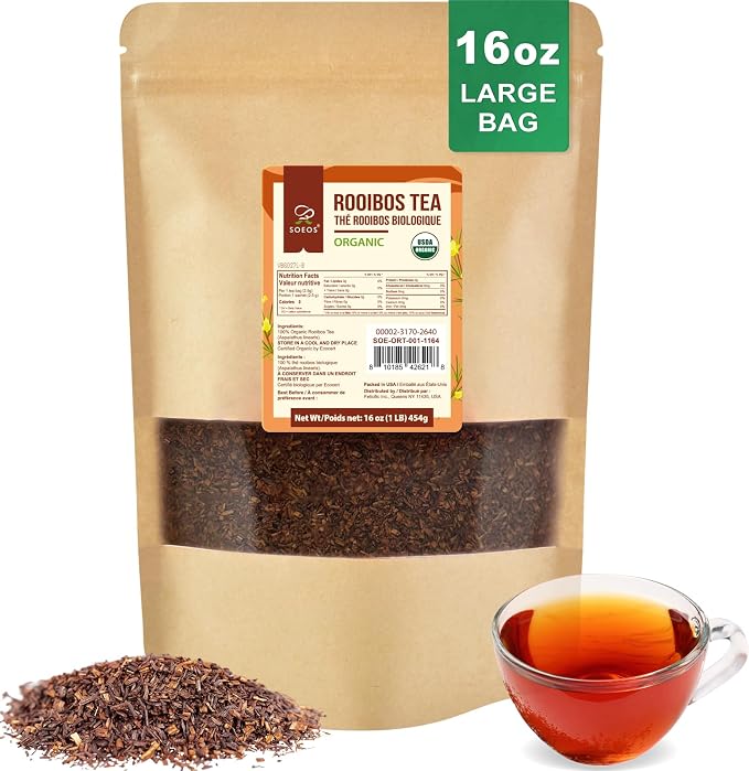Soeos Organic Red Rooibos Loose Leaf Tea, 16 Ounce (1LB), Naturally Caffeine-Free Herbal Tea, USDA and Non-GMO Certified, Gluten Free, Keto Friendly, Rich Aroma & Smooth Flavor, South African Grown, Perfect for Hot or Iced Tea