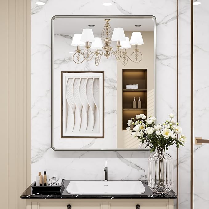 LOAAO 24X32 Inch Brushed Nickel Bathroom Mirror | Rounded Rectangle, Silver Metal Frame, Anti-Rust, Hangs Horizontally or Vertically