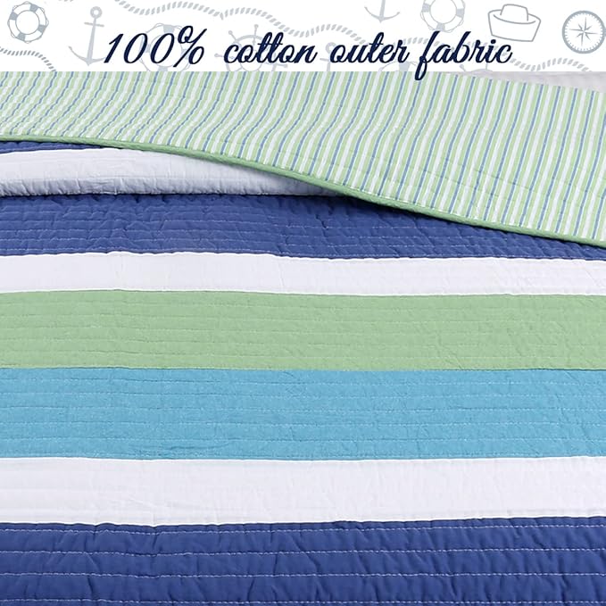 Cozy Line Home Fashions Waylon Navy Blue Green White Striped 100% Cotton Reversible Bedding Quilt Set, Coverlet Bedspread (Blue/Green, Queen - 3 Piece)