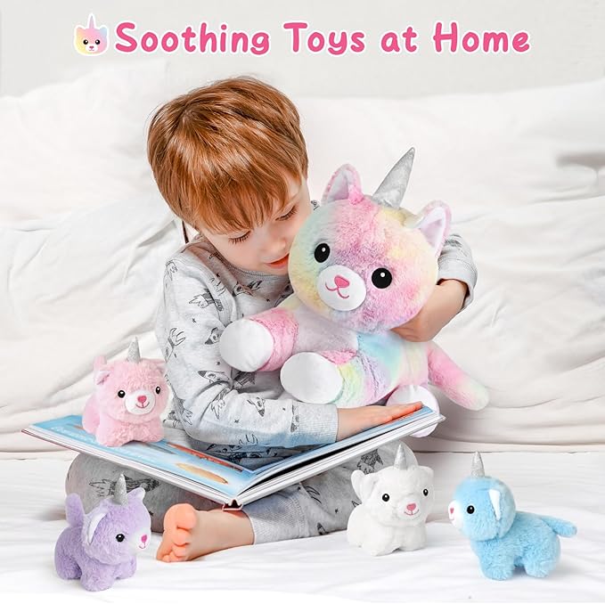 KMUYSL Toys for Ages 3 4 5 6 7 8+ Years - Plush Mommy Stuffed Animal with 4 Babies in Her Tummy, Soft Plush Toys Set, Christmas Birthday Gifts for Girls Boys Baby, Toddler, Kids (Unicorn Cat Toys)