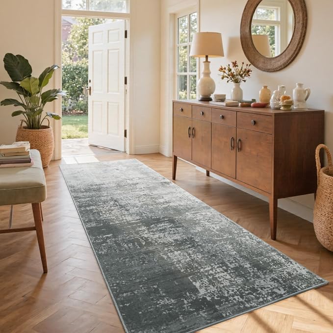2x6 Ft Washable Runner Rug, Non-Slip Low Pile Hallway Kitchen Area Rug, Soft Long Entryway Floor Mat Abstract Pattern Carpet for Bedside & High-Traffic Areas (Grey)