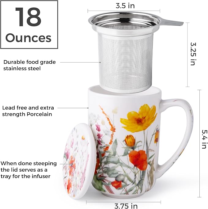 AmorArc Porcelain Tea Mug with Infuser and Lids, 18 Oz Large Cup Strainer with Bag Holder for Loose Leaf Tea, Steeping Coffee Mug for House-warming Wedding Birthday Gift