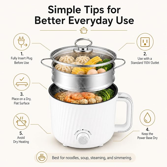 1.6L Nonstick Personal Electric Hot Pot with Steamer Basket & Clear Glass Lid, 300W/600W Electric Ramen Cooker for Dorms, Apartments & Offices, Noodles, Soup, Oatmeal, Pasta, Shabu-Shabu & Boiled Eggs