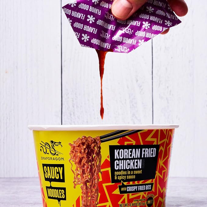 Snapdragon Saucy Instant Noodles with Korean Fried Chicken Sauce - Quick Meal, Snack, and Lunch. 6-Pack Microwave Noodles for Cup, Bowl, Ramen or Asian Stir Fry