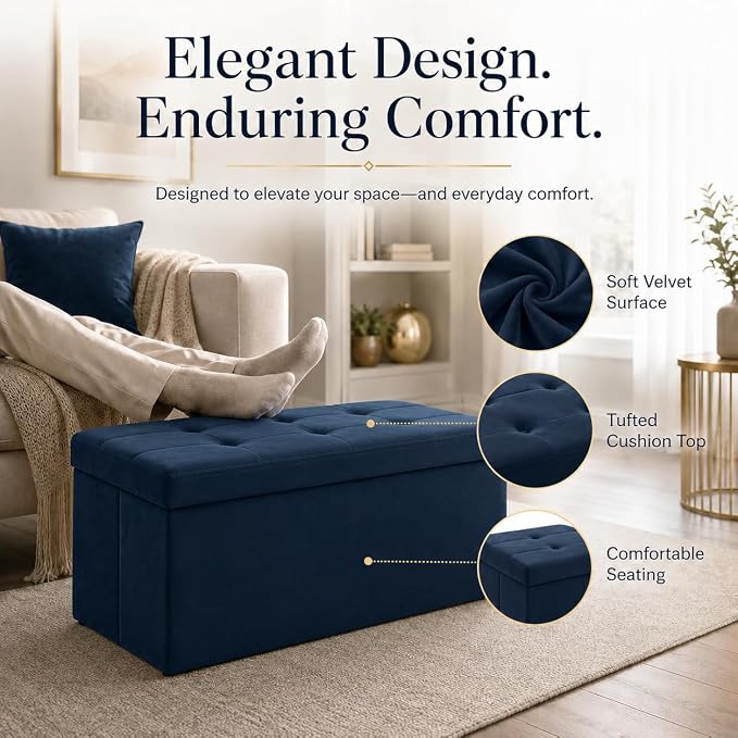 ALASDO 30 Inch Folding Storage Ottoman Bench with Hidden Storage, Velvet Storage Ottoman Foot Rest Stool, End of Bed Bench for Bedroom, Living Room, Entryway and Closet, Navy Blue
