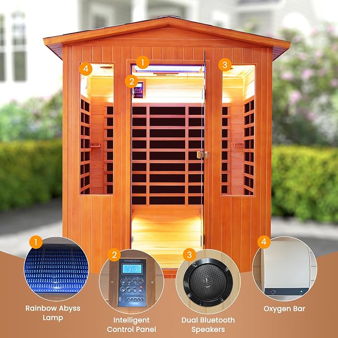 Outdoor Sauna 4 Person Dry Infrared Sauna with Red Light Wood Personal Spa Room Low-EMF 2600W 240V Abysmal Lamp Bluetooth Speakers 62.2"x46.9"x81.9"
