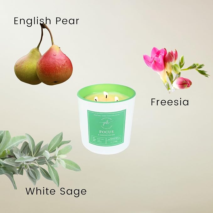 Extra Large Candle – Focus & Concentration | Pear, Sage, and Freesia | Hand Poured Soy Candle | 14.1 oz (400g) 60 Hours Clean | Burn Pure Essential Oils | Mental Clarity & Productivity