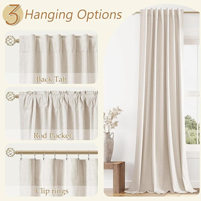 Guken 100% Blackout Linen Curtains 110 Inch Long by 52 Inch Wide 2 Panels Set for Living Room Bedroom Back Tab Thermal Insulated Black Out Drapes Room Darkening Window Curtains, Linen