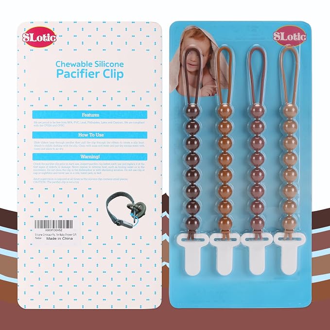 4-Pack Silicone Pacifier Clips with One-Piece Beads for Baby Boys and Girls - Flexible and Rust-Free Holders for Teething Relief and Baby Essentials, Safe for Newborns (Brown)