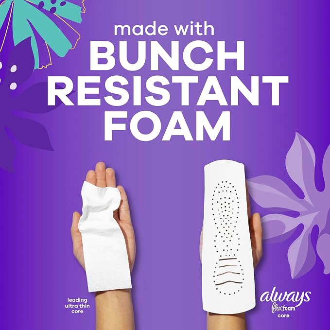 Always Radiant Teen with FlexFoam Pads, Size 4, Overnight Absorbency, with Wings, Unscented, Up to Zero leaks, Zero Feel Protection, 18 Count