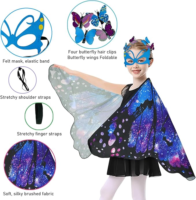 Butterfly Costume for Girls Fairy Wings Kids 4 Pcs(Cape,Skirts,Masks,Hair Clips) Butterfly Wings for Halloween Gifts (Starry Sky Blue)
