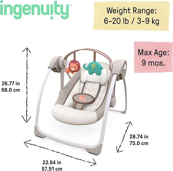 Ingenuity Soothe 'n Delight Compact Portable 6-Speed Plush Baby Swing with Music, Folds Easy, 0-9 Months 6-20 lbs (Cozy Kingdom)