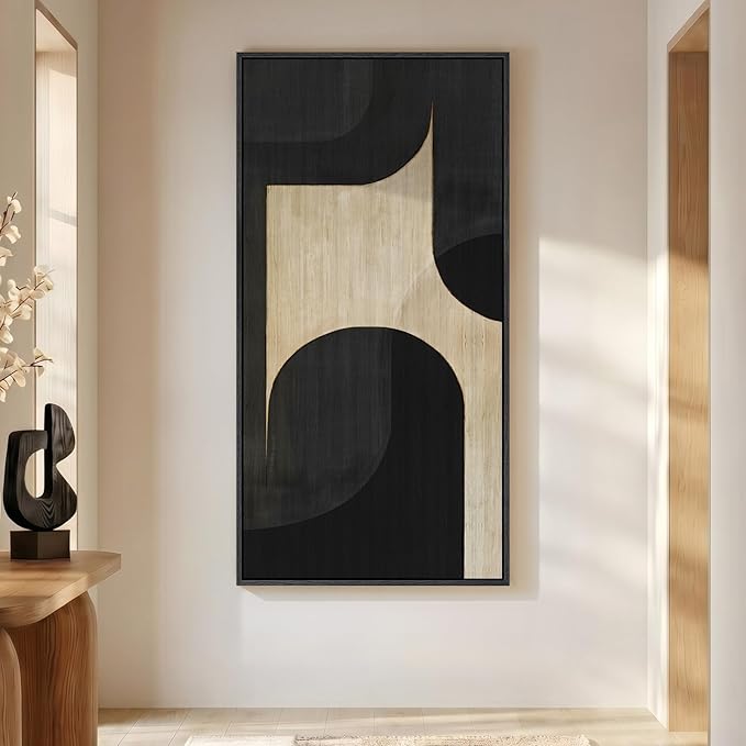 Large Framed Neutral Abstract Wall Art, Black Beige Vertical Canvas Prints Paintings Artwork for Walls, Modern Minimalist Geometric Pictures Wall Decor for Hallway Living Room Bedroom Entryway 30x60