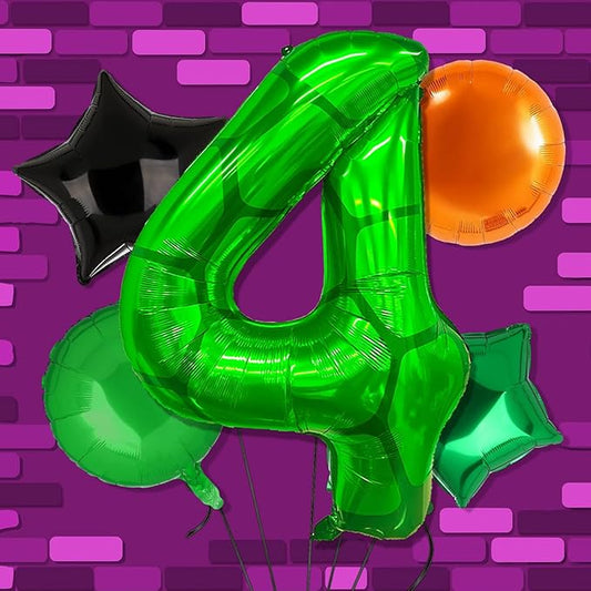 5Pcs Cartoon Turtle Theme Birthday Decorations 40 Inch Number 4 Foil Balloons Super Green Turtle Themed Hero Large Mylar 4th Number Balloon Video Game Pizza Balloons Party Favors Orange