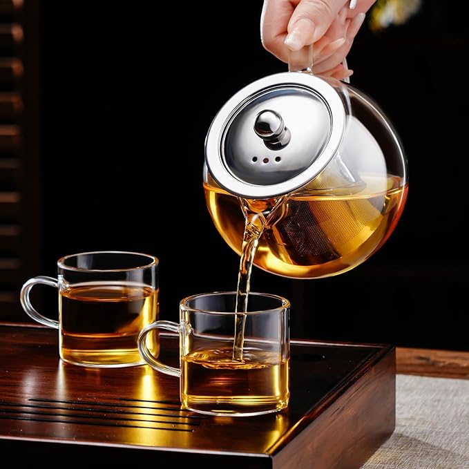 PARACITY Glass Teapot Stovetop 34OZ, Borosilicate Clear Tea Kettle with Removable 18/8 Stainless Steel Infuser, Teapot Blooming and Loose Leaf Tea Maker Tea Brewer (transparent, 34oz/1000ML)