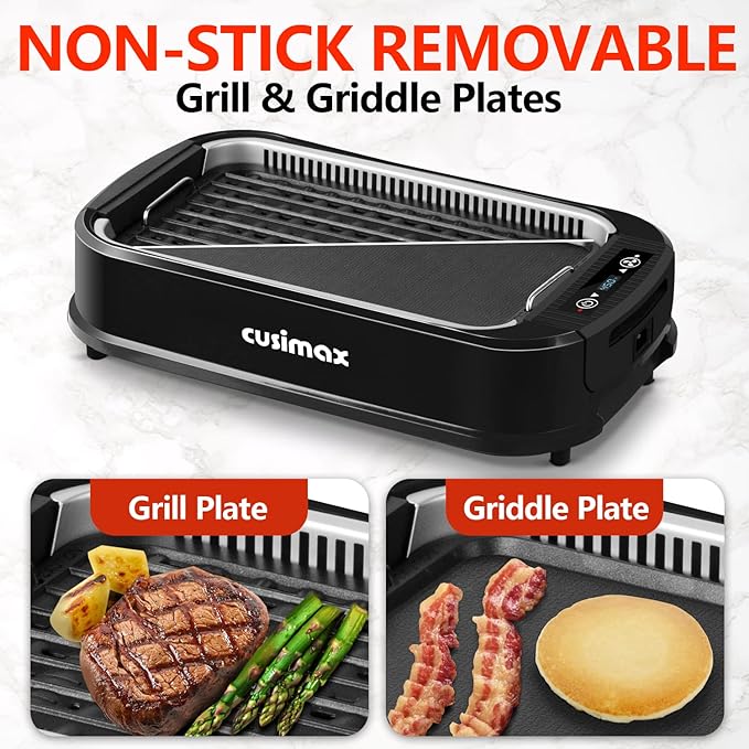 Indoor Grill, CUSIMAX Smokeless Grill Indoor, 1500W Electric Grill Griddle | Korean BBQ with Smart LED Display & Tempered Glass Lid, Non-stick Removable Grill Plate & Griddle Plate, Easy Cleanup, Black