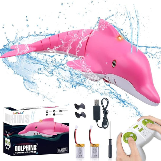 Pink Remote Control Dolphin Toy 2.4G High Simulation Cartoon Dolphin Remote Control for Swimming Pool Bathroom Great Gift RC Boat Shark Toys for 6+ Year Old Boys and Girls (with 2 Batteries)