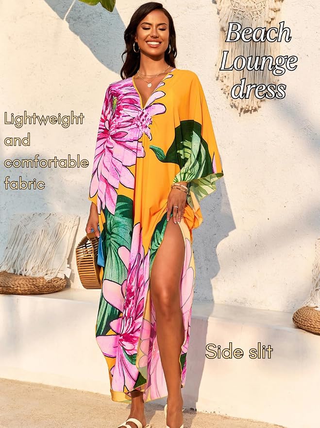 ChiaoLezhee Print Moo-Moos for Women, Kaftan Cover-Up Dresses, Sexy V-Neck High-Slit, Beach Pool-Party Coverups Muumuu Plus