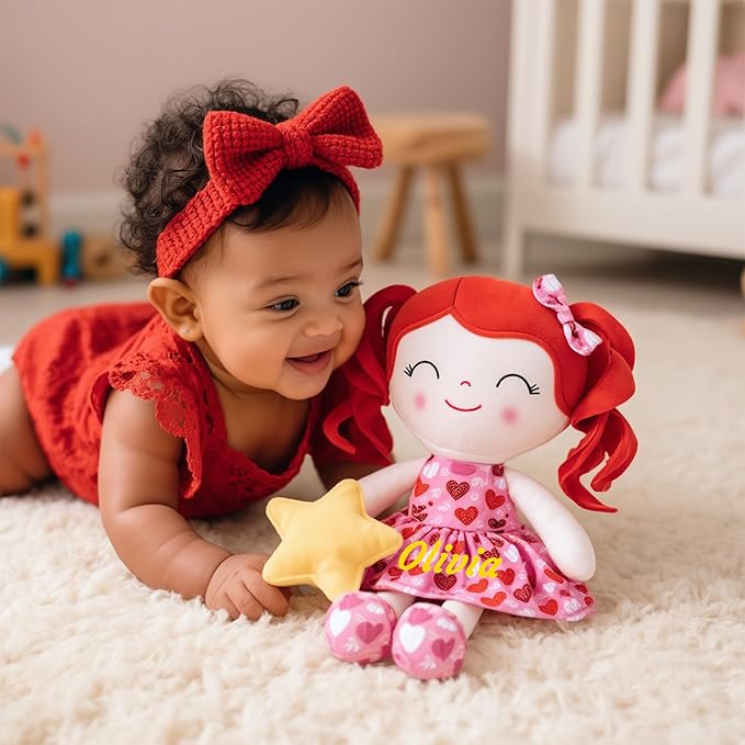 Gloveleya Personalized Name Baby Doll – Custom Red Hair Plush Girl Doll with Heart Dress 12", Unique Gift for Birthday, Baby Shower, Christmas & Holiday Keepsake for Toddlers and Little Girls
