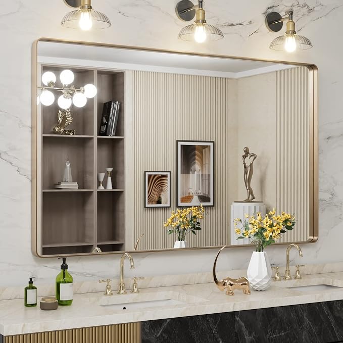 LOAAO 60"X36" Gold Bathroom Mirror | Rounded Rectangle, Brushed Gold Frame, Wall-Mounted, Anti-Rust, Tempered Glass, Hangs Horizontally or Vertically