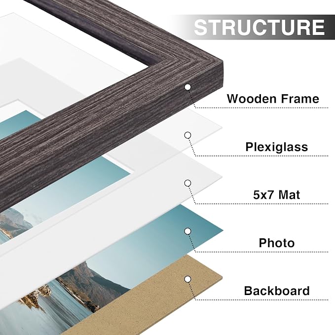 Vittanly 8x10 Picture Frames Set of 9 for Wall Mount & Tabletop, Dark Grey | Display Pictures 5x7 with Mat or 8x10 without Mat, Small Photo Frames, Engineered Wood with Shatter Resistant Plexiglass
