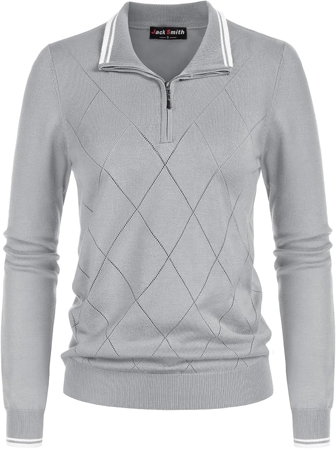 JACK SMITH Quarter Zip Pullover Sweaters for Womens, Rib Polo Sweater Tops | V Neck,Knit,Long Sleeve,Argyle,Open Pattern,Callar,Lightweight,Fashion,Golf Work Business Daily Wear Versatile Pullover Shirt