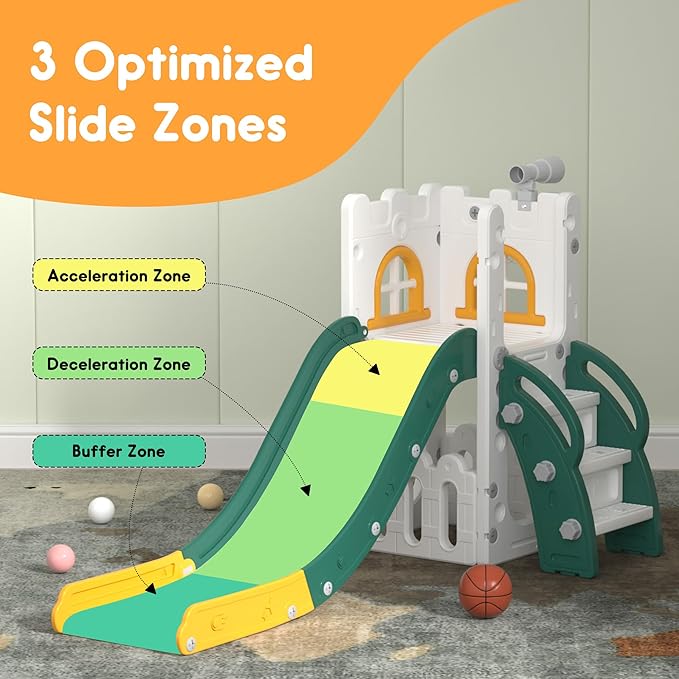 6 in 1 Toddler Slide Playset, Kids Indoor Outdoor Playground with Basketball Hoop,Storage and Telescope,Toddler Climber Slide Activity Center