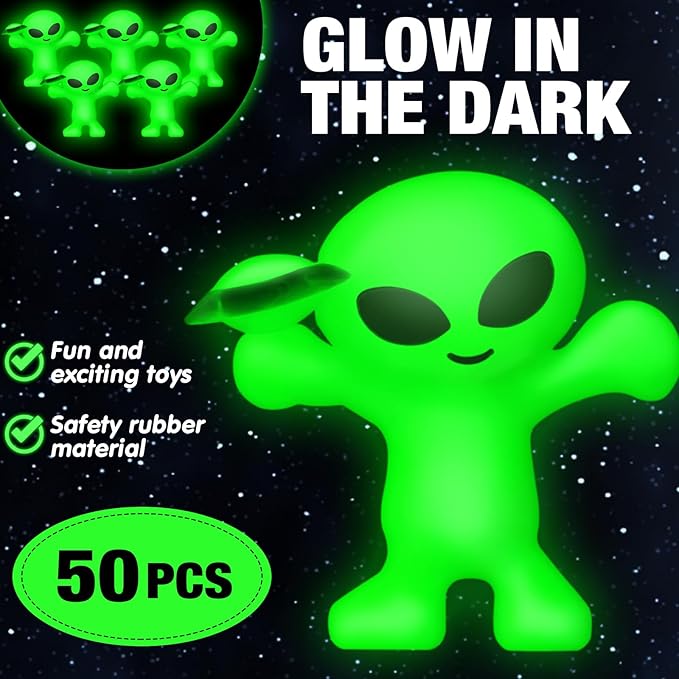 100 Pcs Mini Alien Figures Glow in The Dark Space Ship Tiny Little Small Alien Figurine for Halloween Treat Toys Bulk Gift Space Party Favors Hide and Seek Christmas Stocking Stuffer