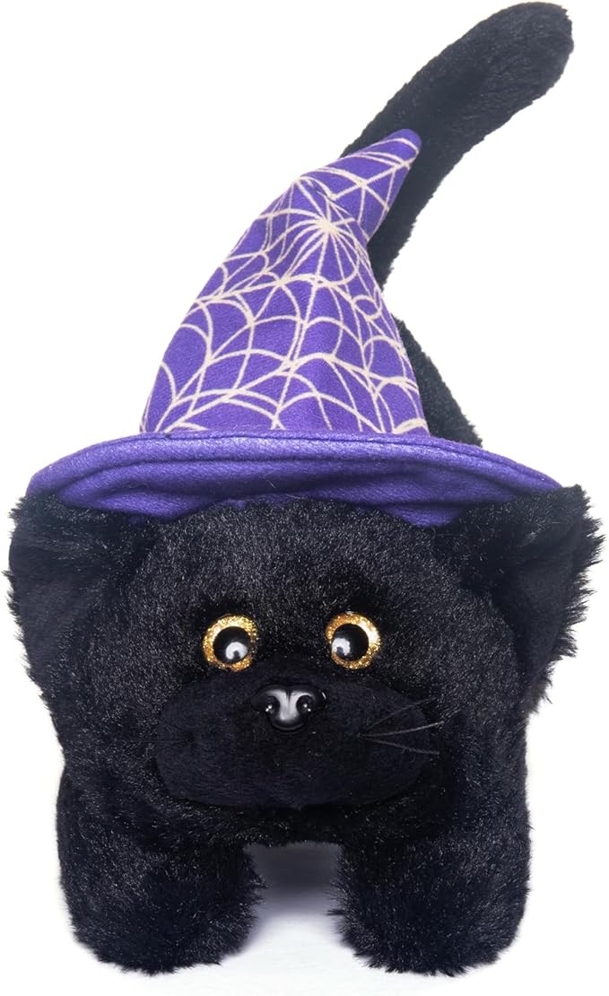 My OLi Halloween Black Cat Plush Toy with Creepy Voice - Cute Lying Cat with Witch Hat - Spooky Halloween Stuffed Animal for Kids, Toddlers for Trick-or-Treaters