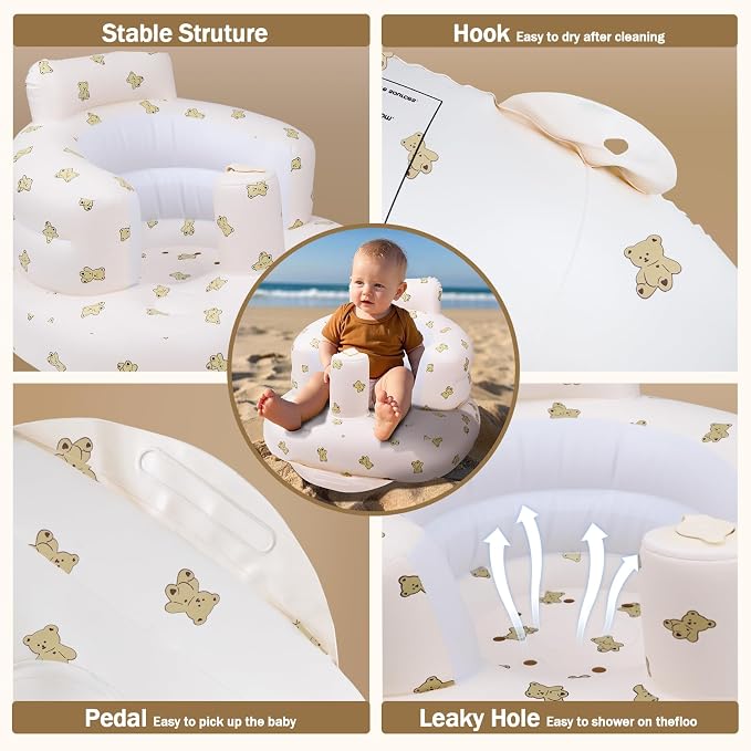 AirSwim Inflatable Baby Seat, Inflatable Baby Chair for Babies 3 Months and Up Summer Baby Inflatable Seat for Sitting Up, Blow Up Baby Floor Seat with Built in Air Pump, Bear