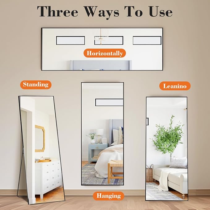 OLIXIS Full Length Floor Mirror with Stand, Body Mirror, 60x16 | Hanging or Leaning Wall, Aluminum Alloy Thin Frame, Living Room Bedroom, Long, Black