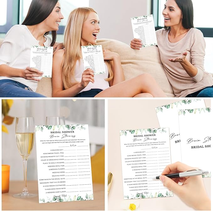 Bridal Shower Games 30 Guests for Engagement Wedding Party, Bridal Shower Brain Storming Wedding Showers Games, Game for Showers (Eucalyptus Botanical Style) -0006